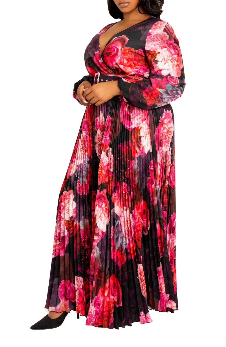 BUXOM COUTURE Floral Long Sleeve Pleated Maxi Dress, Alternate, color, Black Multi