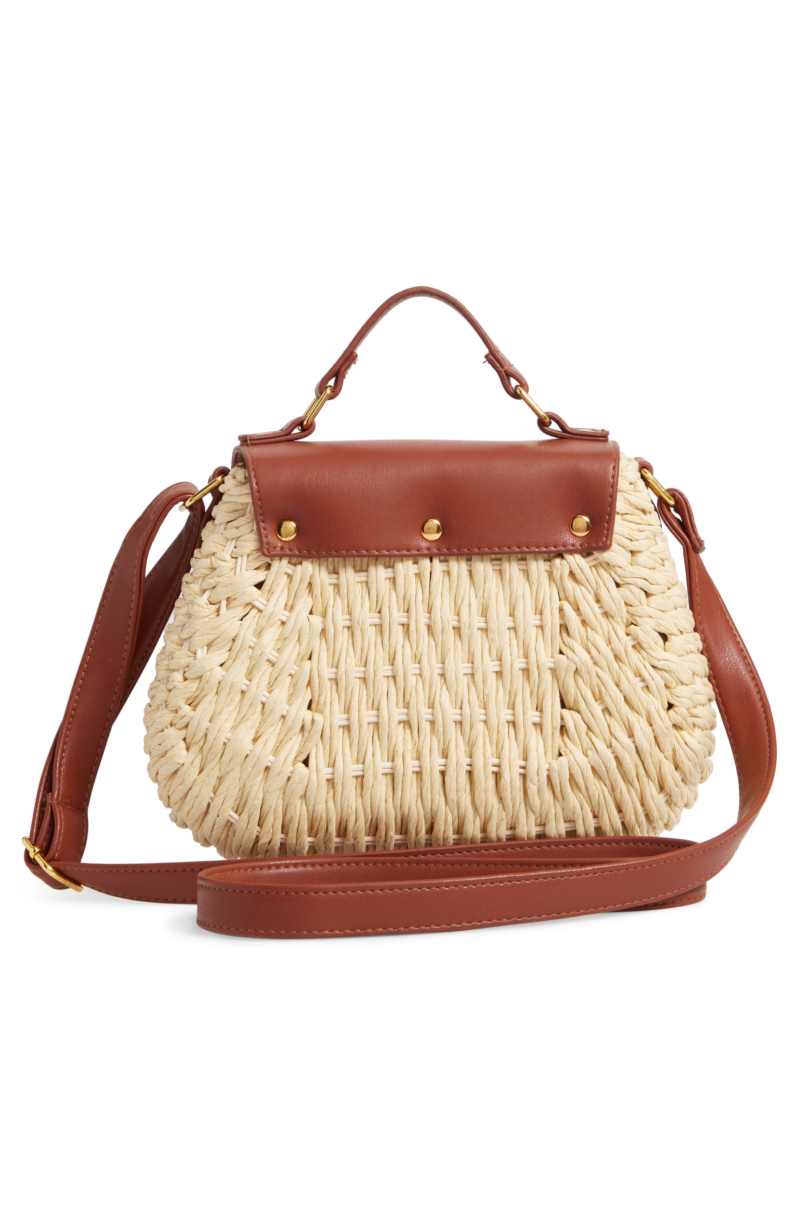 La Double 7 Faux Leather Trim Straw Saddle Bag, Alternate, color, 