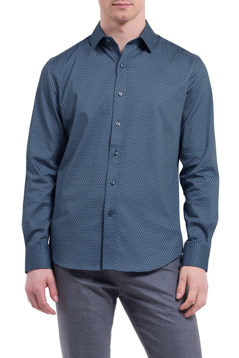 Julian Shaped Fit Shell Print Stretch Cotton Button-Up Shirt, Main, color, TEAL