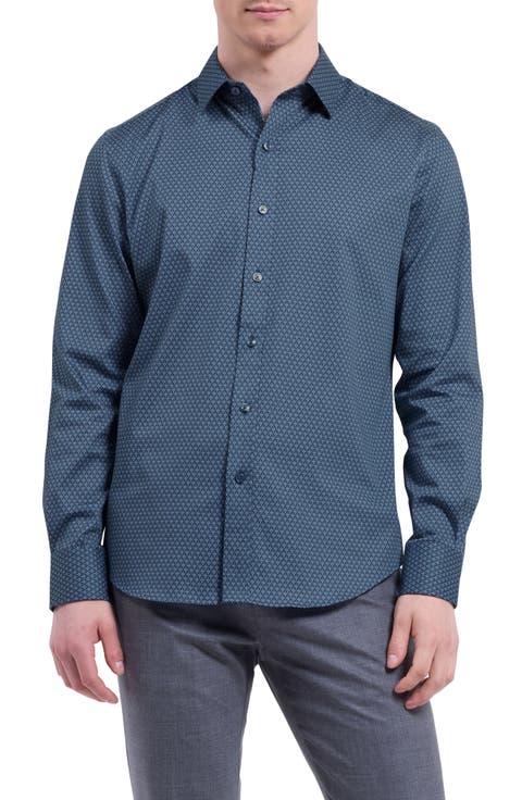 Julian Shaped Fit Shell Print Stretch Cotton Button-Up Shirt