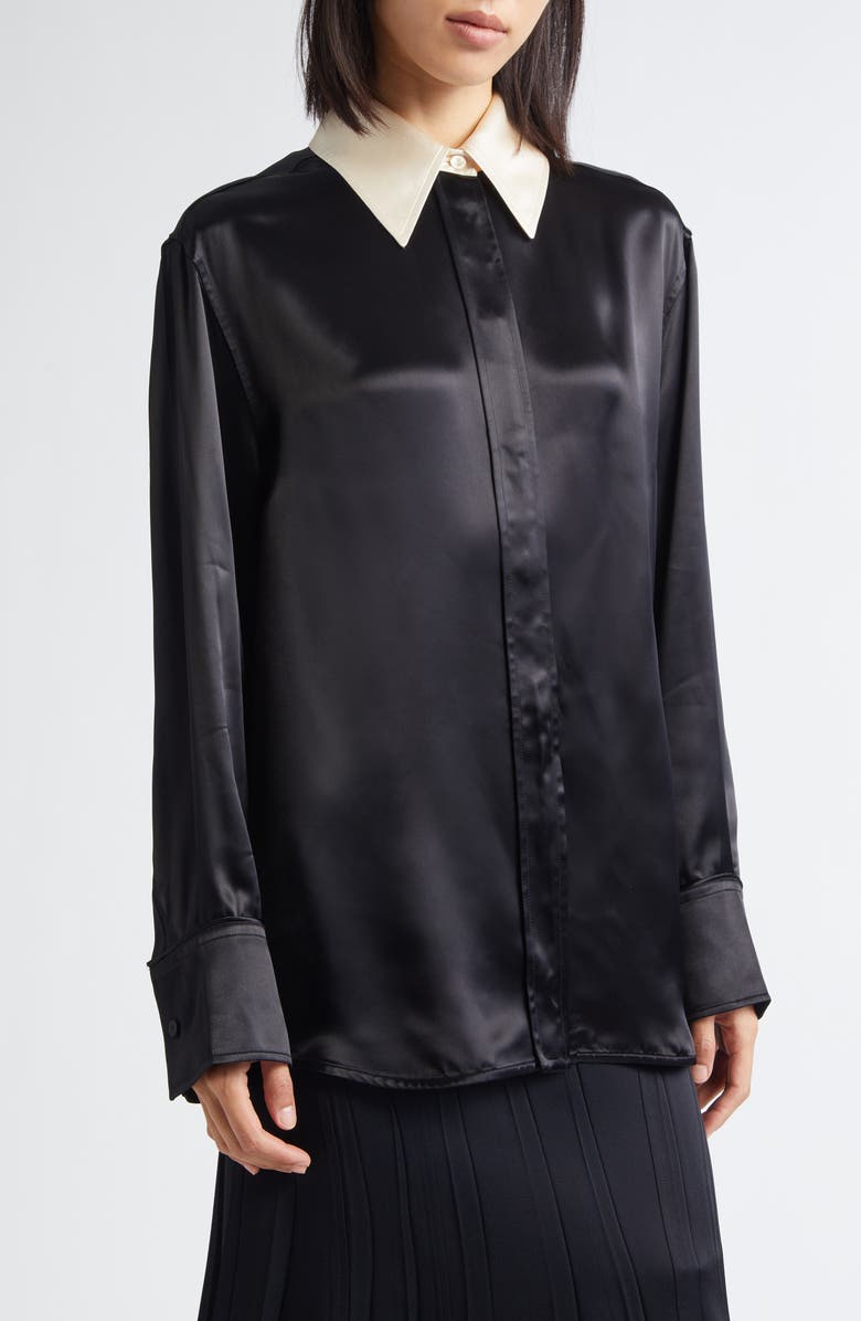 Jil Sander Relaxed Fluid Satin Button-Up Shirt, Alternate, color, Black