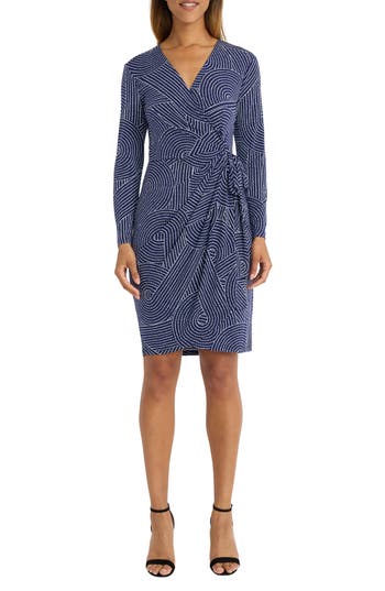 Maggy London Long Sleeve Faux Wrap Dress In Blue