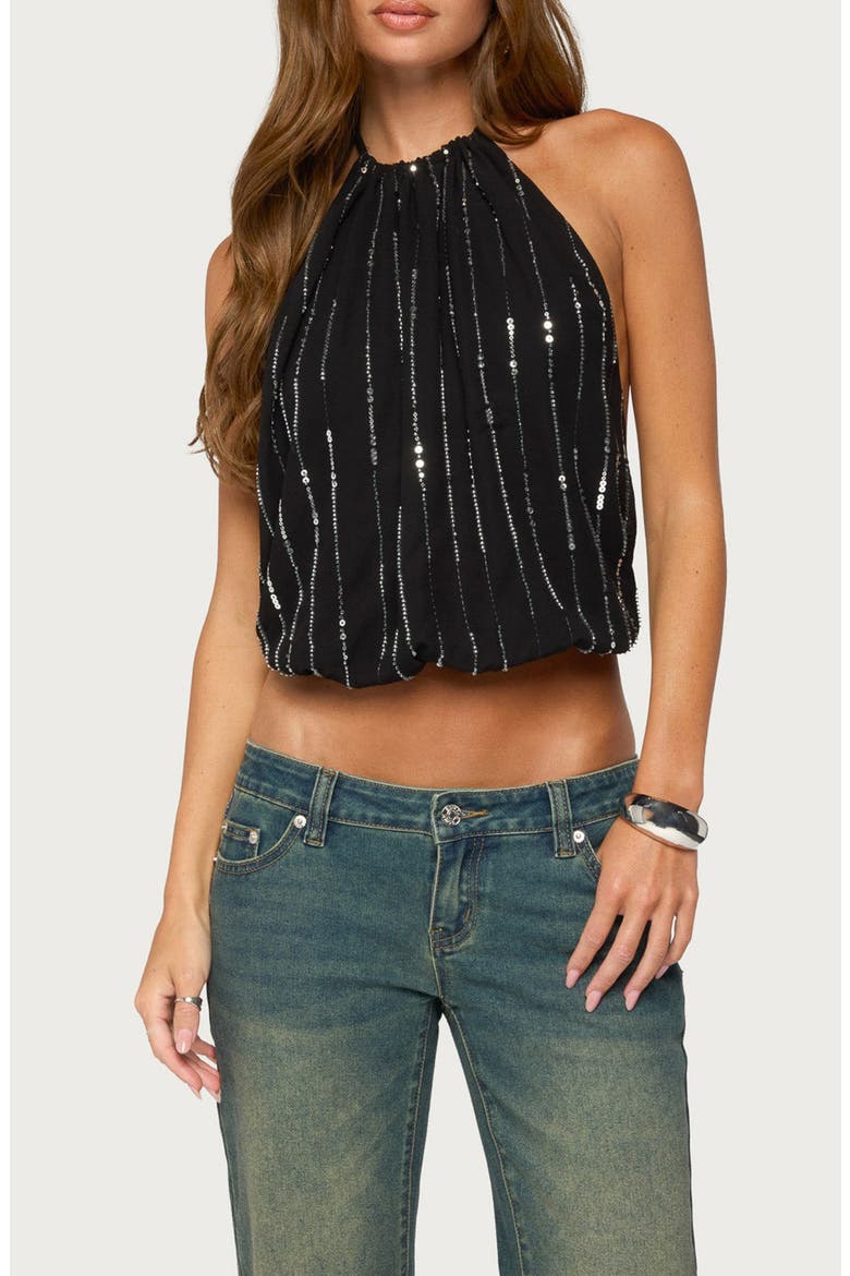 Neala Backless Sequin Chiffon Top, Main, color, BLACK