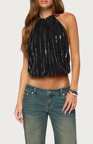 EDIKTED Neala Backless Sequin Chiffon Top