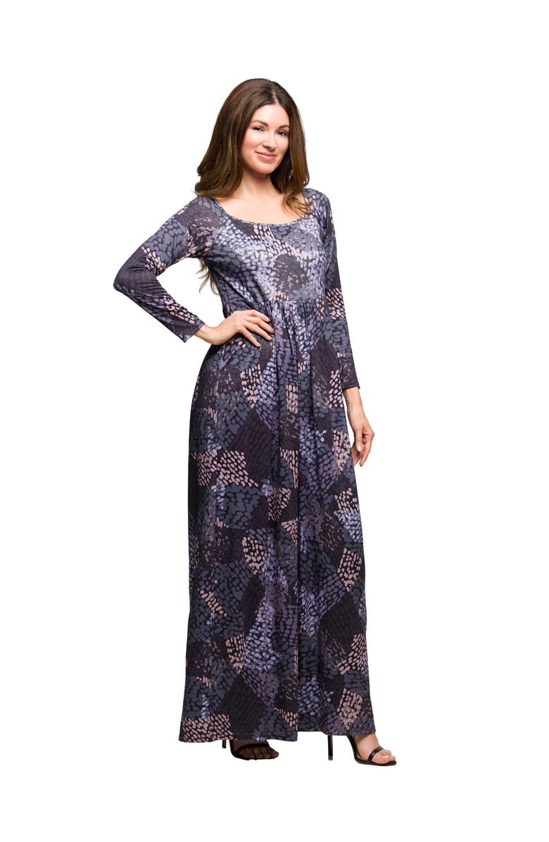 24seven Comfort Apparel Long Sleeve Empire Waist Maxi Dress in Print, Alternate, color, Gray Multi
