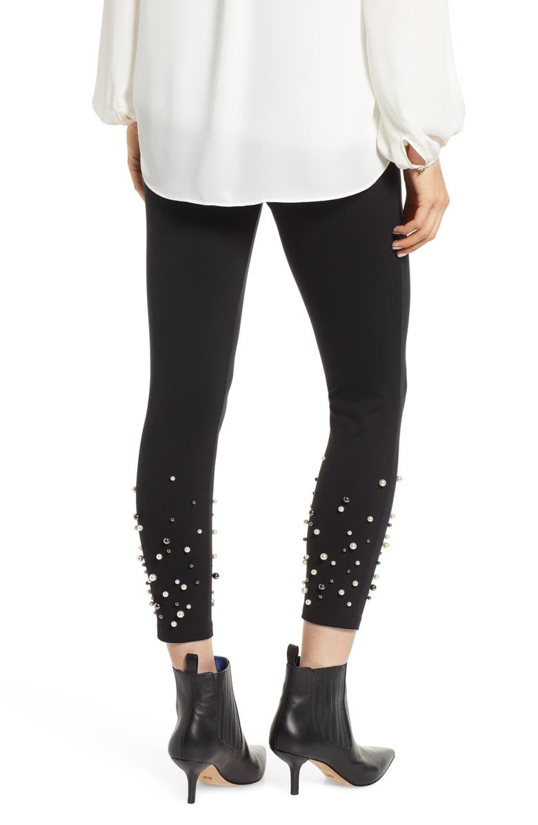 Nordstrom Imitation Pearl Embellished Leggings, Alternate, color, Black