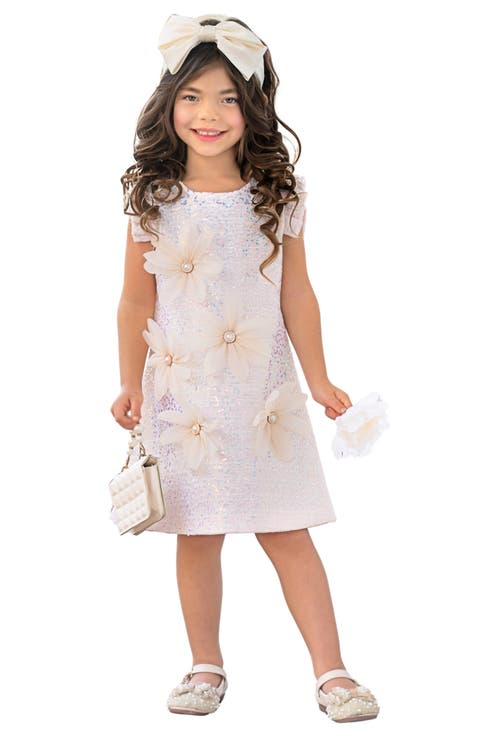 Girls  Sequin Daisy Pearl-Accent Shift Dress (Toddler, Little Kid & Big Kid)