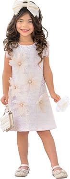 Mia Belle Girls Girls  Sequin Daisy Pearl-Accent Shift Dress