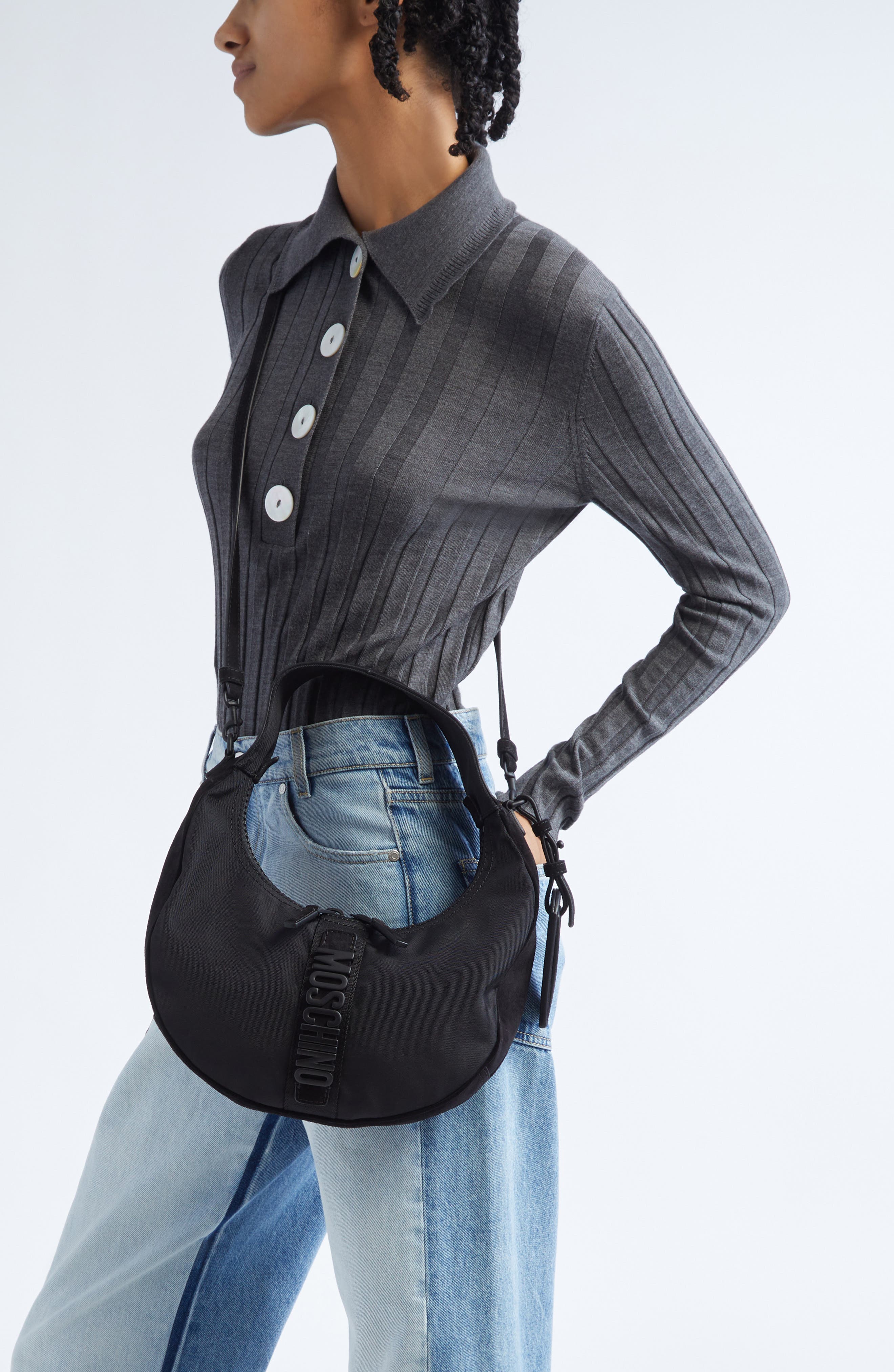 Moschino Carry Me Mixed Media Crossbody Bag, Alternate, color, Black/ Black Galvanic