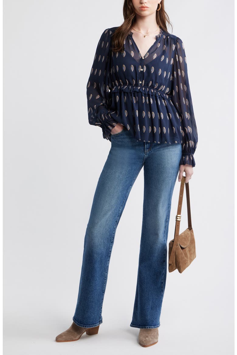 Long Sleeve Chiffon Peplum Top, Alternate, color, NAVY MINI FOULARD