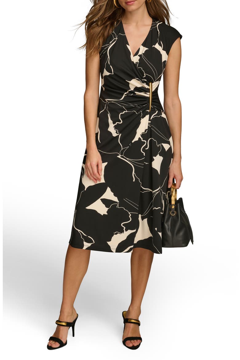Floral Wrap Front Midi Dress, Main, color, BLACK/ PARCHMENT