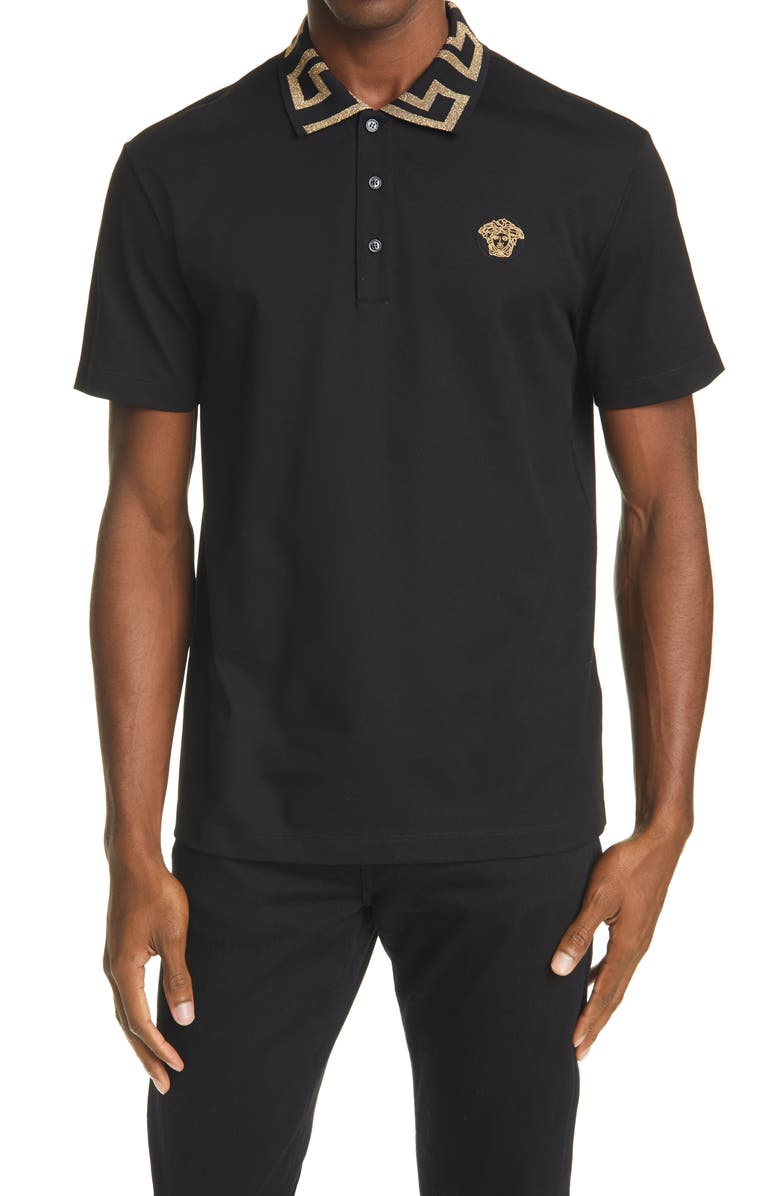 Versace Metallic Medusa Appliqué Cotton Polo Shirt, Main, color, 