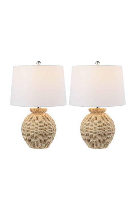 Nora 22" Rustic Coastal Rattan Globe LED Table Lamps, Brown (Set of 2)