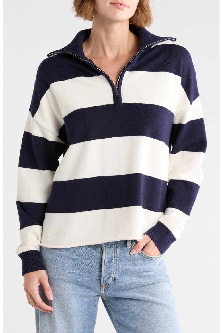 Rugby Stripe Quarter Zip Sweater, Main, color, NAVY/ CREME