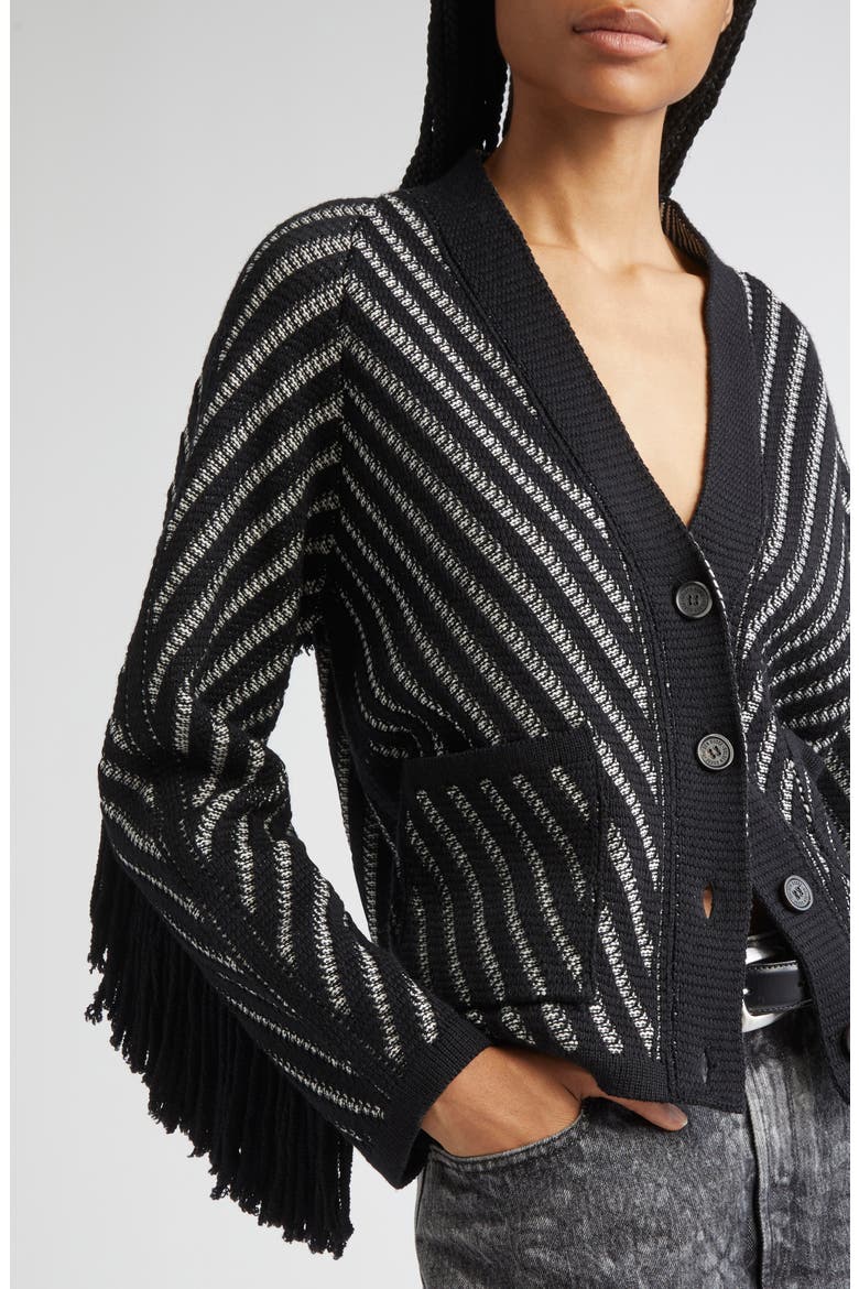 Journey Olivia Fringe Trim Virgin Wool Cardigan, Alternate, color, BLACK/ WHITE