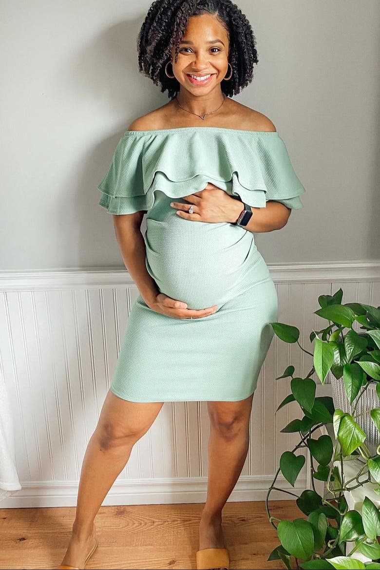 Off Shoulder Fitted Maternity Dress, Alternate, color, Light Olive