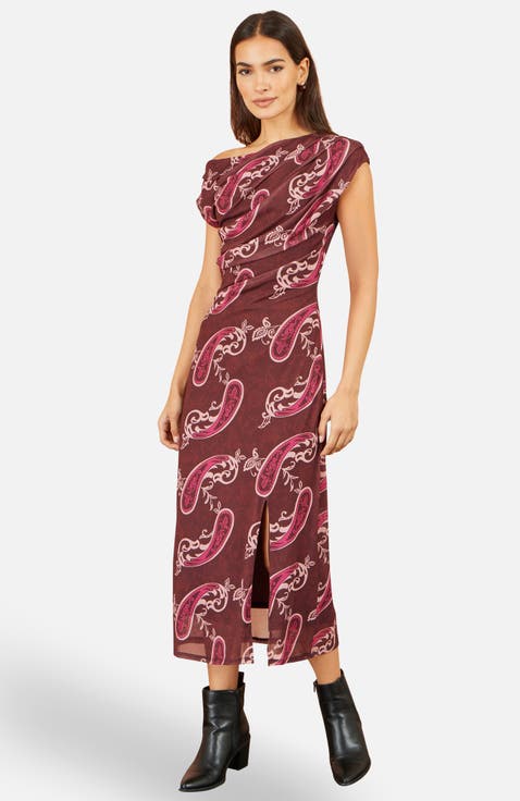 Draped Cowl Ruched Midi Dress