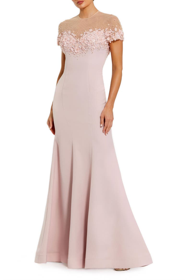 Women's Mermaid Crepe Gown With Beaded Illusion Neck, Main, color, Mauve