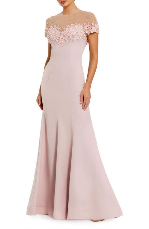 Women's Mermaid Crepe Gown With Beaded Illusion Neck
