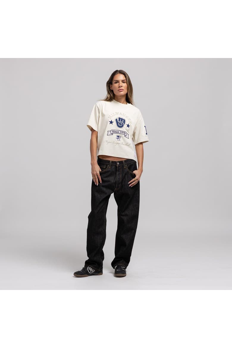 Women's Mitchell & Ness  Cream Milwaukee Brewers Cooperstown Yacht Rock Boxy Cropped T-Shirt, Main, color, Cream
