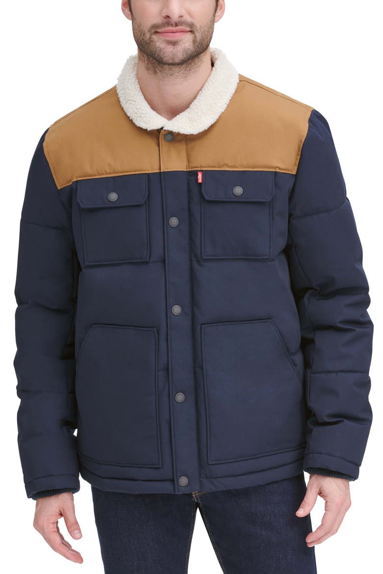 Woodsman High Pile Fleece Puffer Jacket, Main, color, NAVY WORKER BROWN YOKE