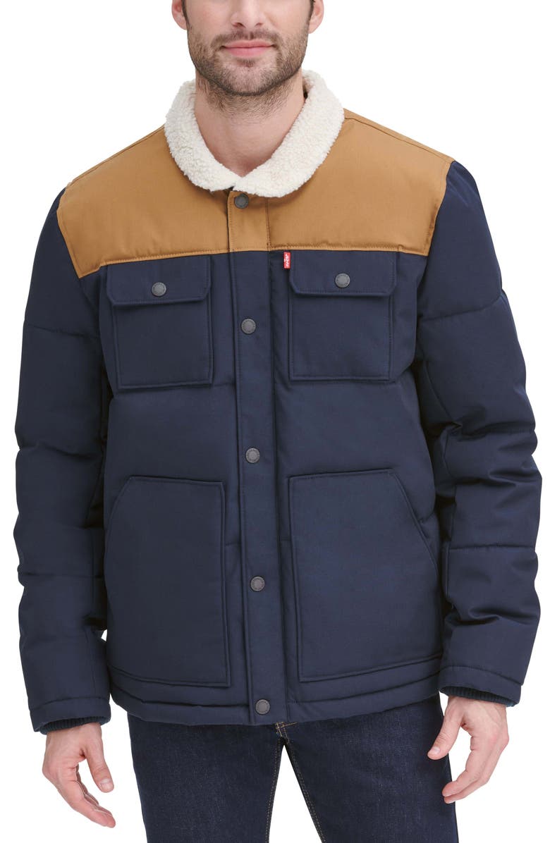 Levi's Woodsman High Pile Fleece Puffer Jacket, Main, color, Navy Worker Brown Yoke