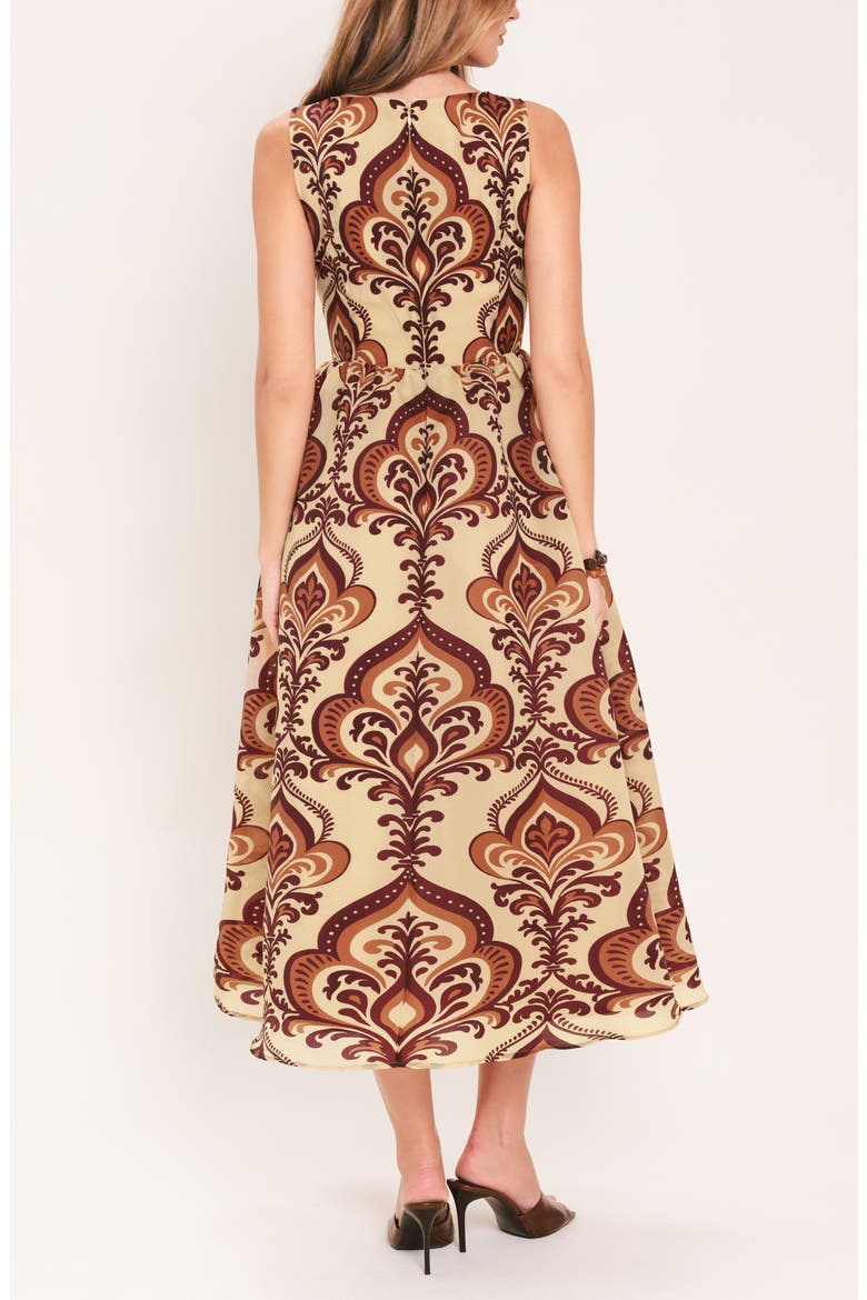 Damask Print Sleeveless Fit & Flare Midi Dress, Alternate, color, TAUPE