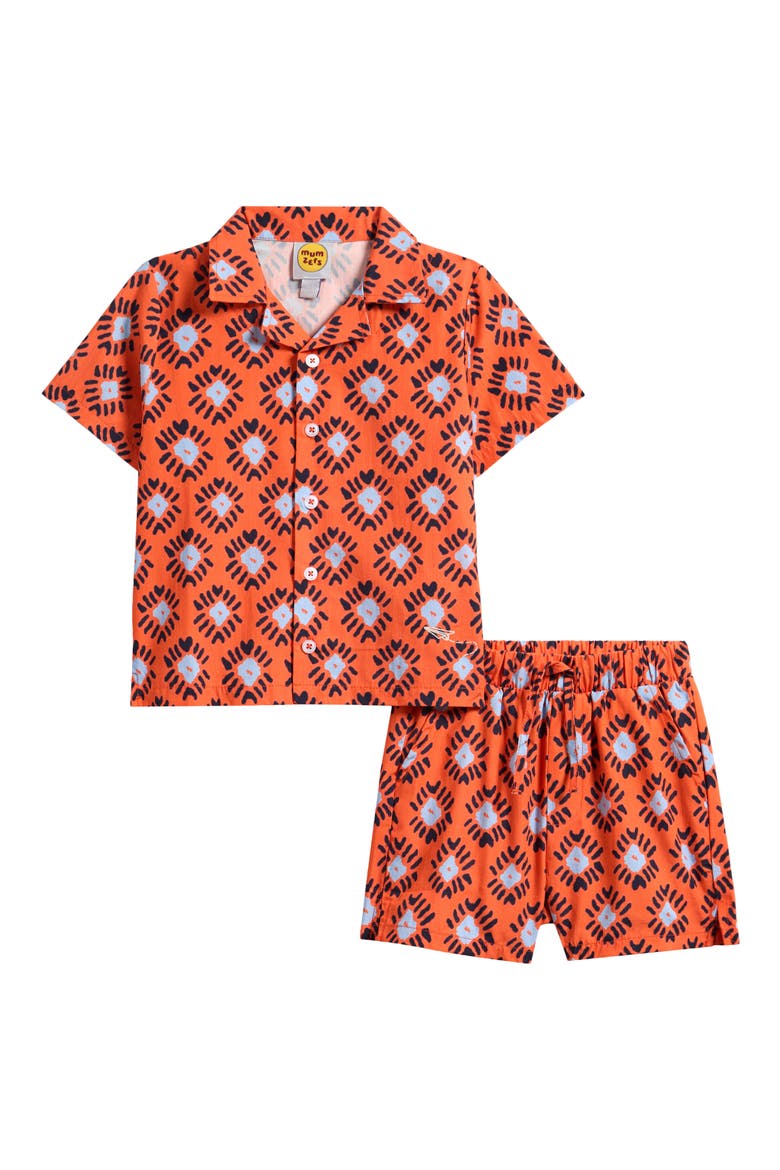 Kids' Geo Print Cotton Poplin Camp Shirt & Drawstring Shorts Set, Main, color, ORANGE