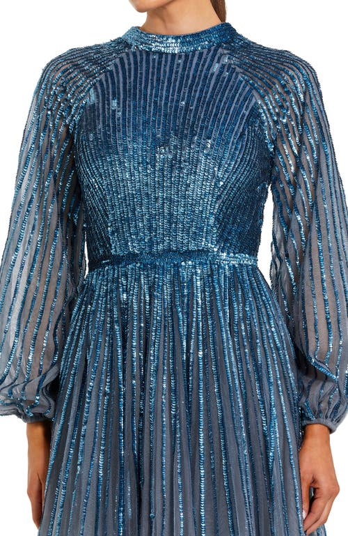 Mac Duggal Sequin Mesh Ombre Bishop Sleeve A-line Gown In Blue