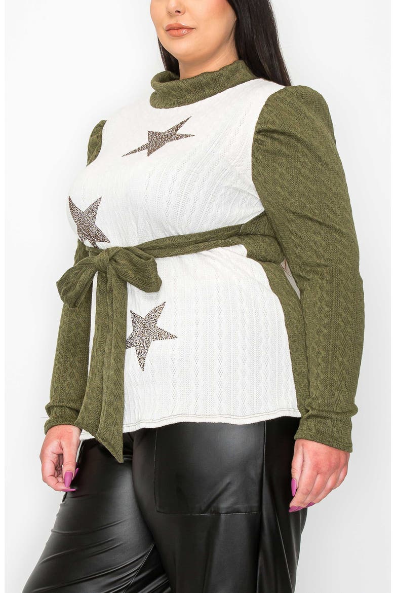 Britt Star Tie Waist Puff Shoulder Sweater, Alternate, color, OLIVE WHITE