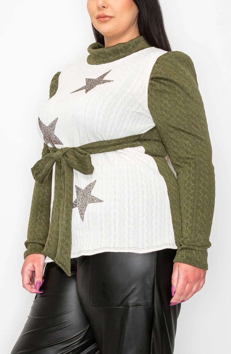 L I V D Britt Star Tie Waist Puff Shoulder Sweater, Alternate, color, Olive White