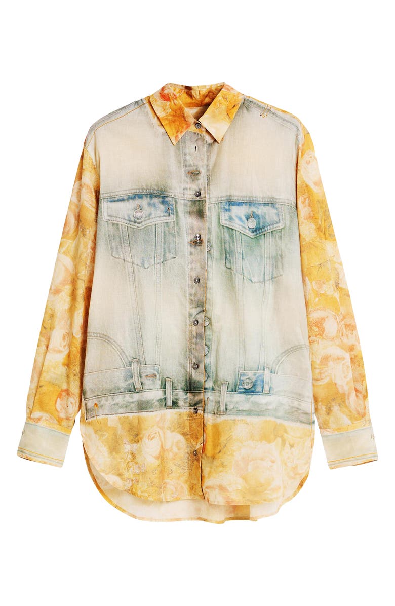 Desigual Mixed Media Button-Up Shirt, Alternate, color, Medium Beige