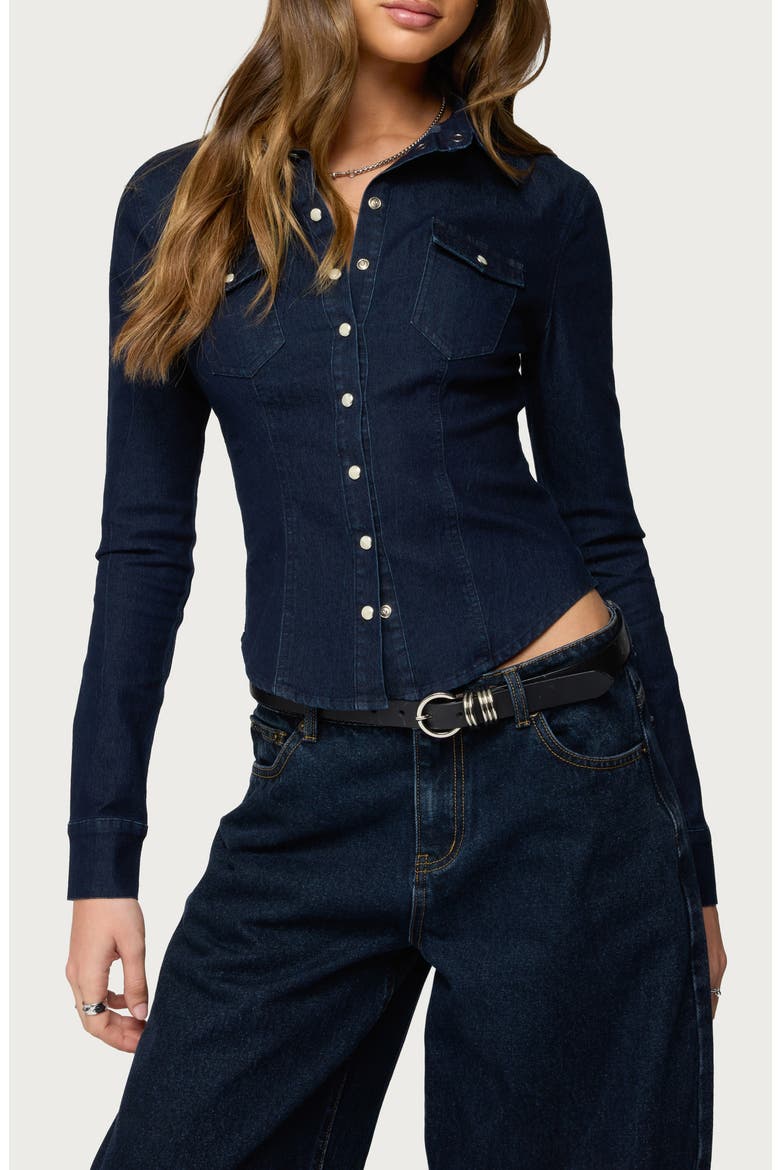 Shylo Fitted Denim Snap-Up Shirt, Main, color, DARK-BLUE-WASHED