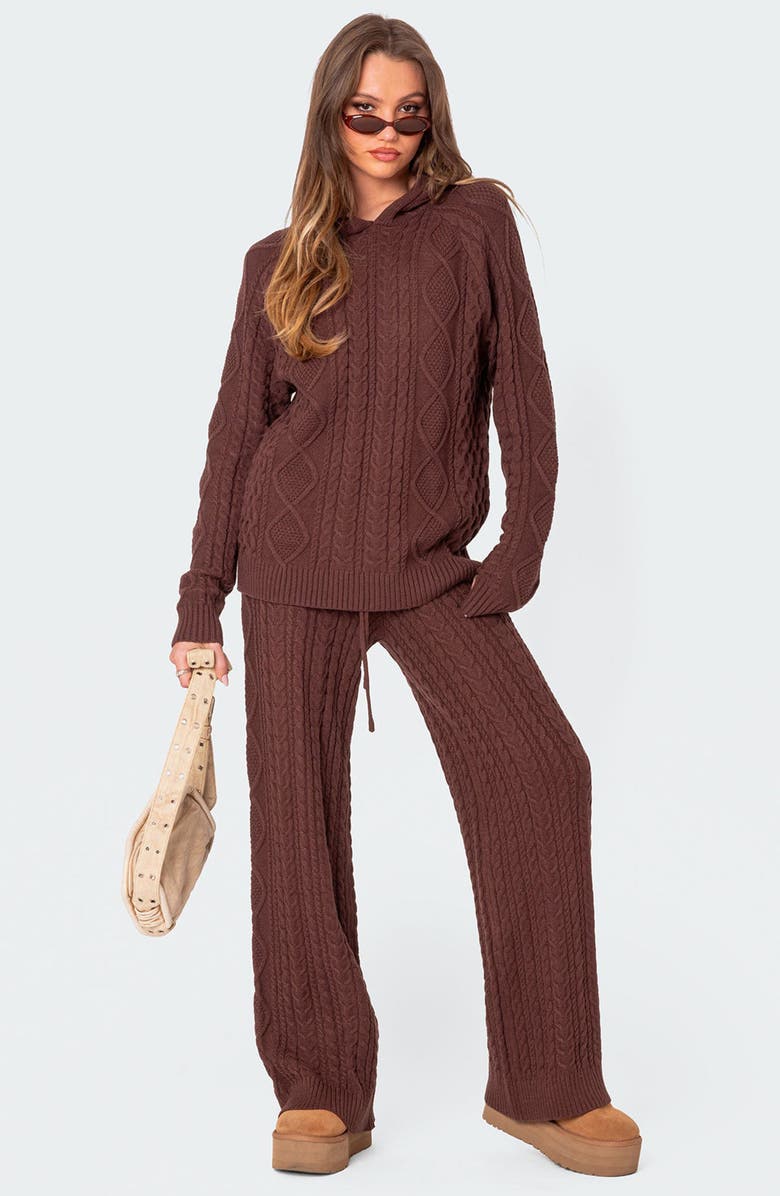 EDIKTED Jelena Cable Knit Hoodie, Alternate, color, Brown