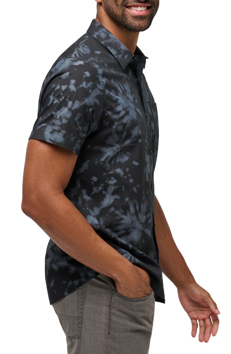 TravisMathew Warmer Tides Tie Dye Short Sleeve Stretch Button-Up Shirt, Alternate, color, Black