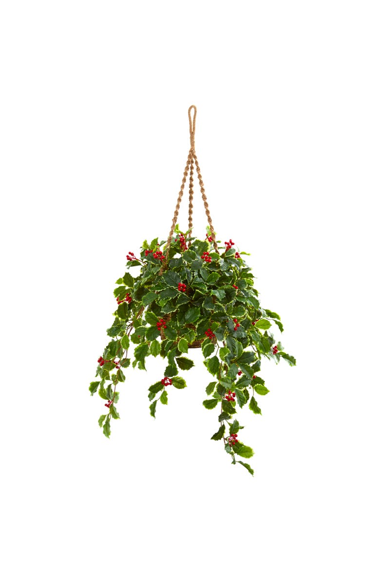 NEARLY NATURAL 40-in Variegated Holly with Berries Artificial Plant in Hanging Basket, Main, color, Green