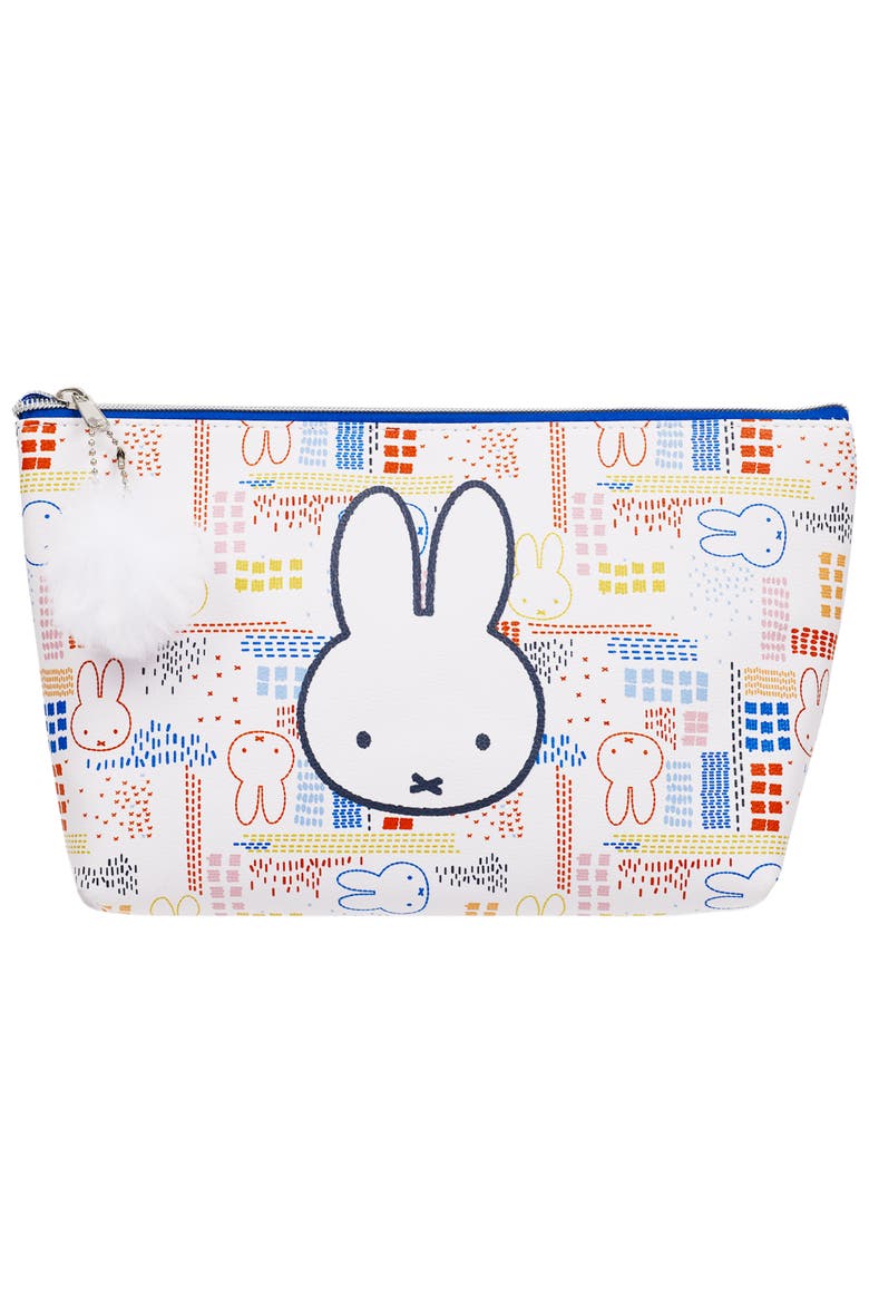 Allover Print Trapezoid Cosmetic Bag with Pom-Pom Charm, Main, color, Blue/White