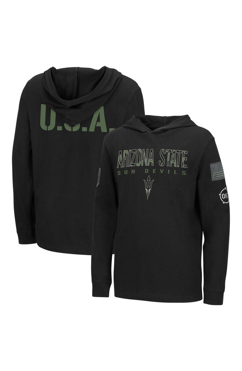 COLOSSEUM Youth Colosseum Black Arizona State Sun Devils OHT Military Appreciation Tango Long Sleeve Hoodie T-Shirt, Main, color, 