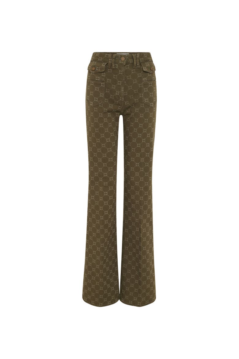 Anna Monogram Print Flared Jeans, Alternate, color, Khaki Green