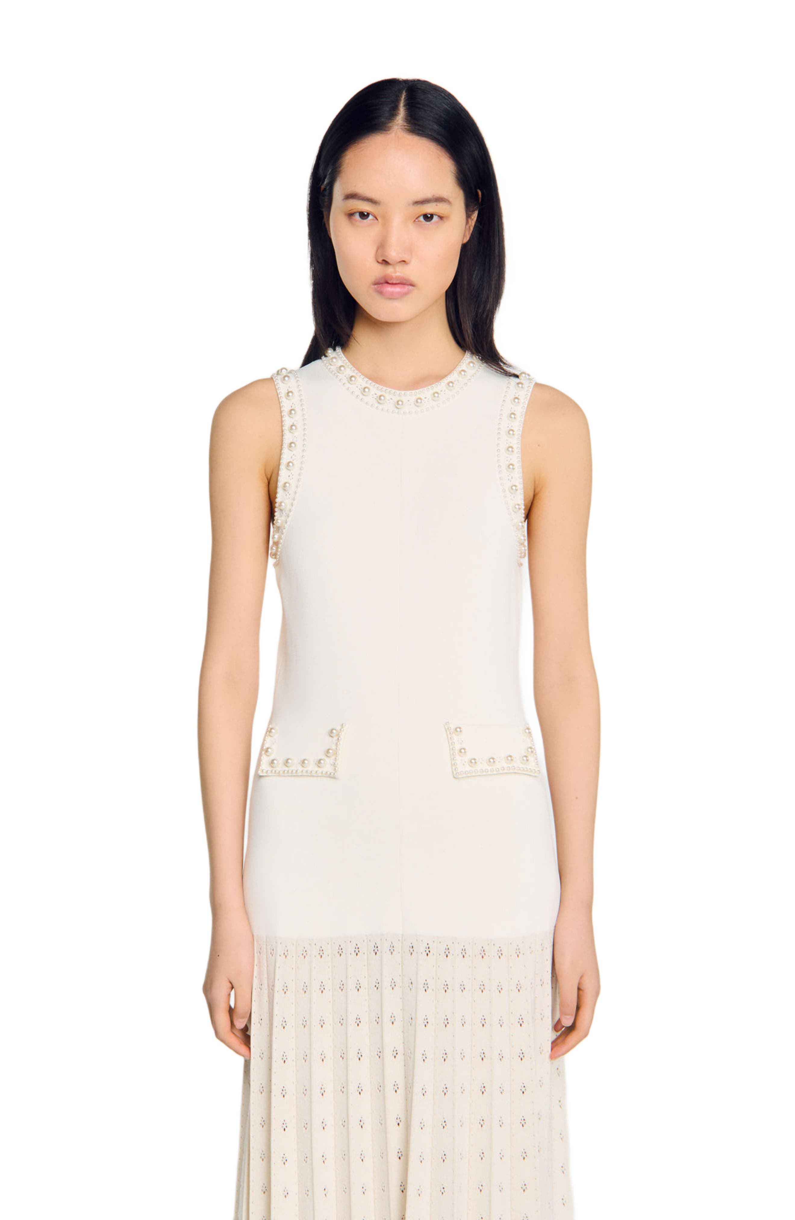 sandro long knit dress with s patch Pearl bead maxi (Women) Dresses trends