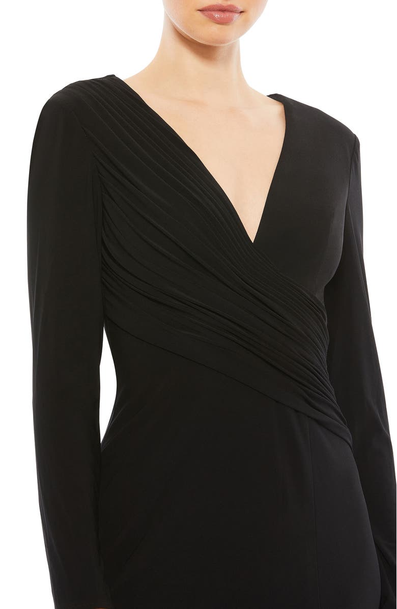 Mac Duggal Jersey Long Sleeve Asymmetrical Ruched Gown, Alternate, color, Black