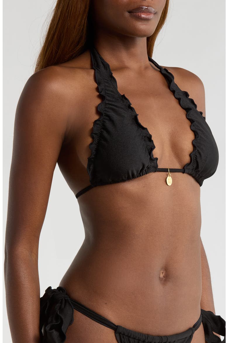 Lettuce Edge Halter Bikini Top, Alternate, color, TWILIGHT BLACK