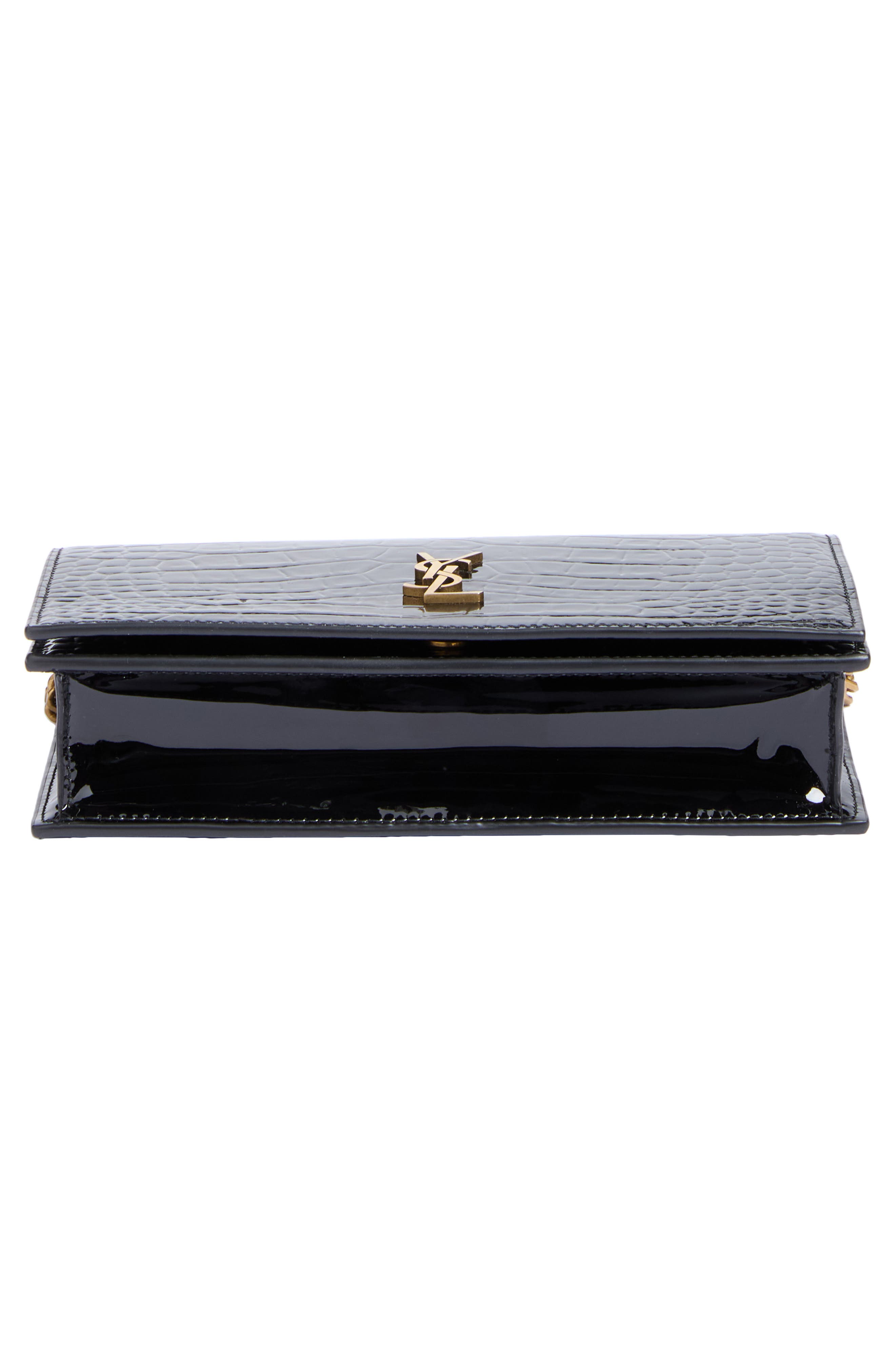 Envelope Croc Embossed Leather Wallet on a Chain, Alternate, color, NOIR