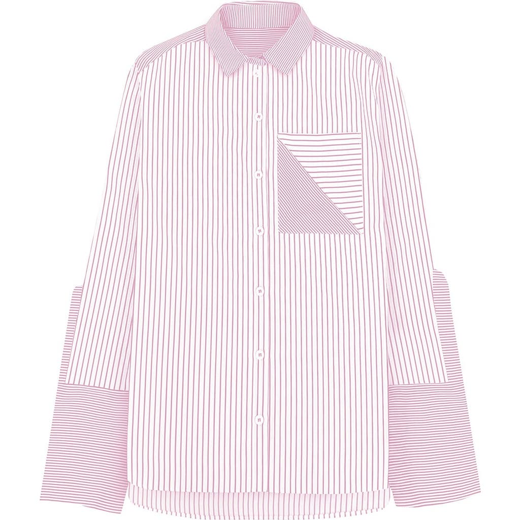 Theo The Label Echo Side Button Boyfriend Stripe Shirt In Multi