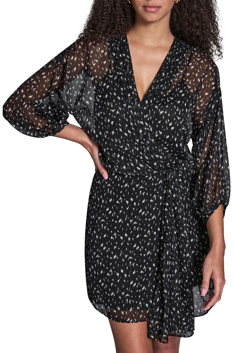 Print Wrap Front Long Sleeve Dress, Alternate, color, BLACK/ ECRU