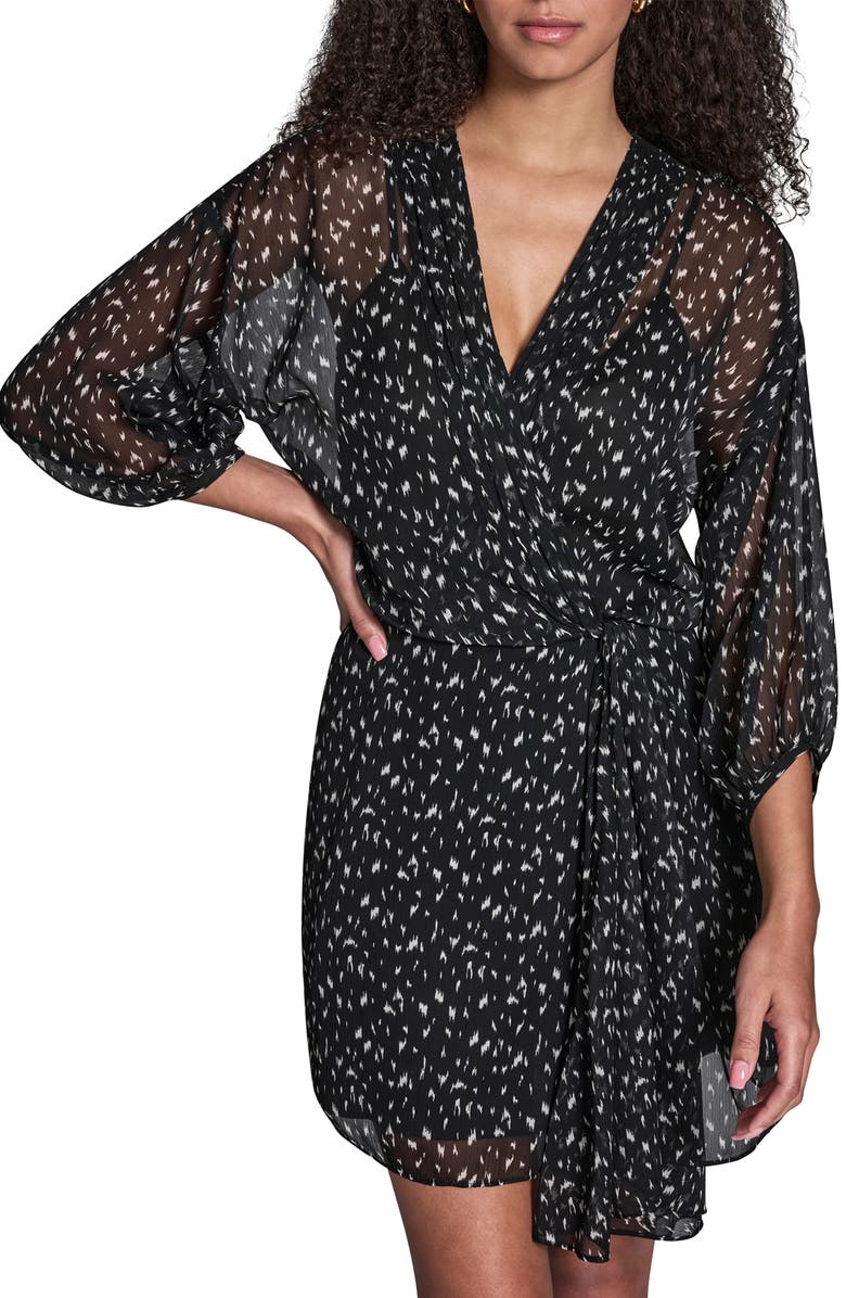 BCBG Print Wrap Front Long Sleeve Dress, Alternate, color, Black/ Ecru