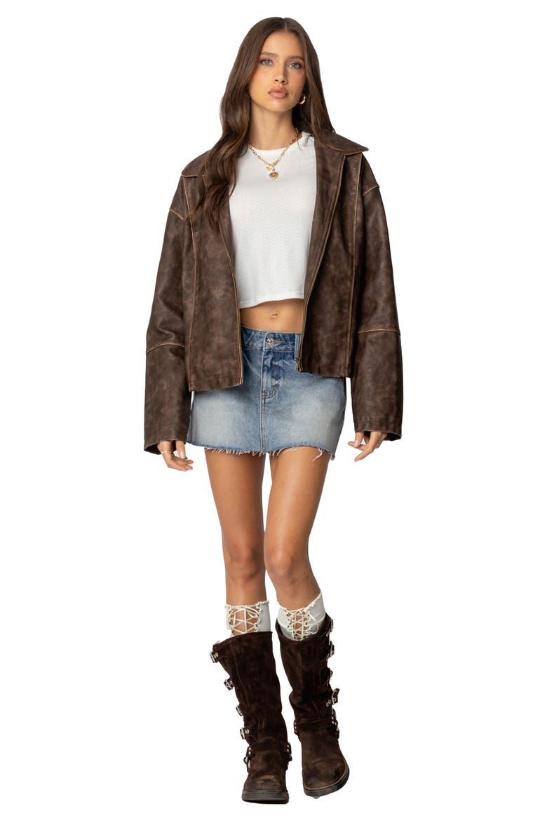 Oversized Washed Faux Leather Jacket, Alternate, color, BROWN-WASHED