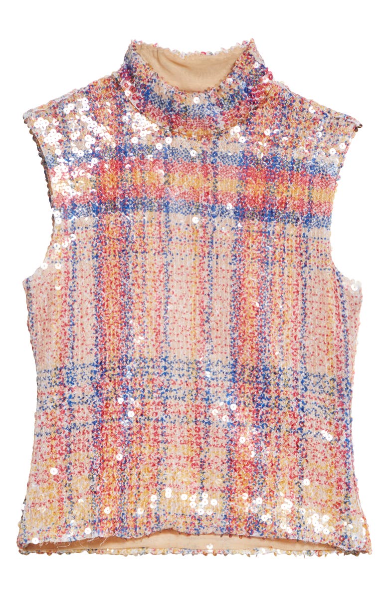 Brandon Maxwell The Piper Paillette Plaid Mock Neck Top, Alternate, color, Orange Plaid