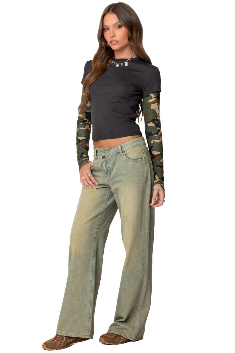 Camo Layered Long Sleeve Crop T-Shirt, Alternate, color, DARK-GRAY