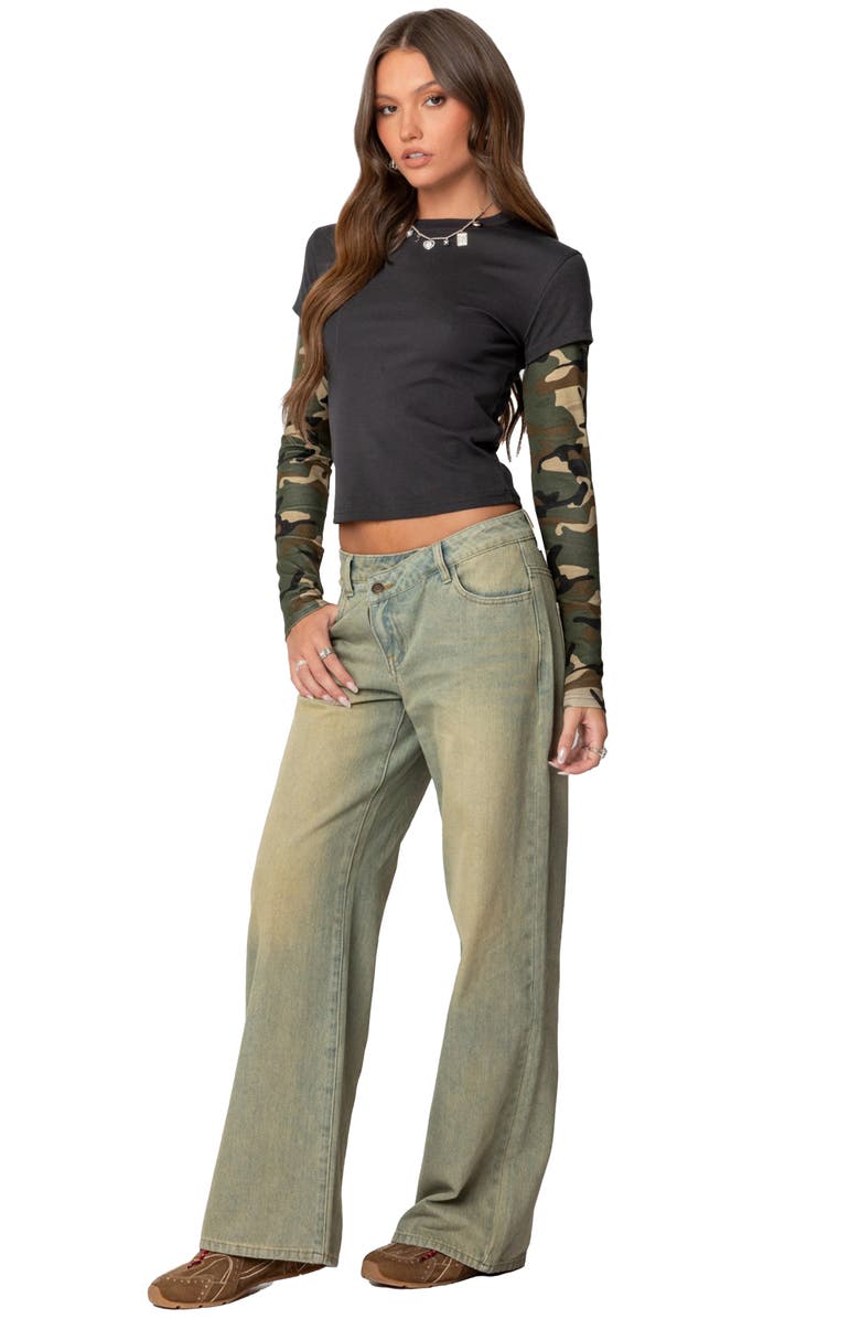 EDIKTED Camo Layered Long Sleeve Crop T-Shirt, Alternate, color, Dark-Gray